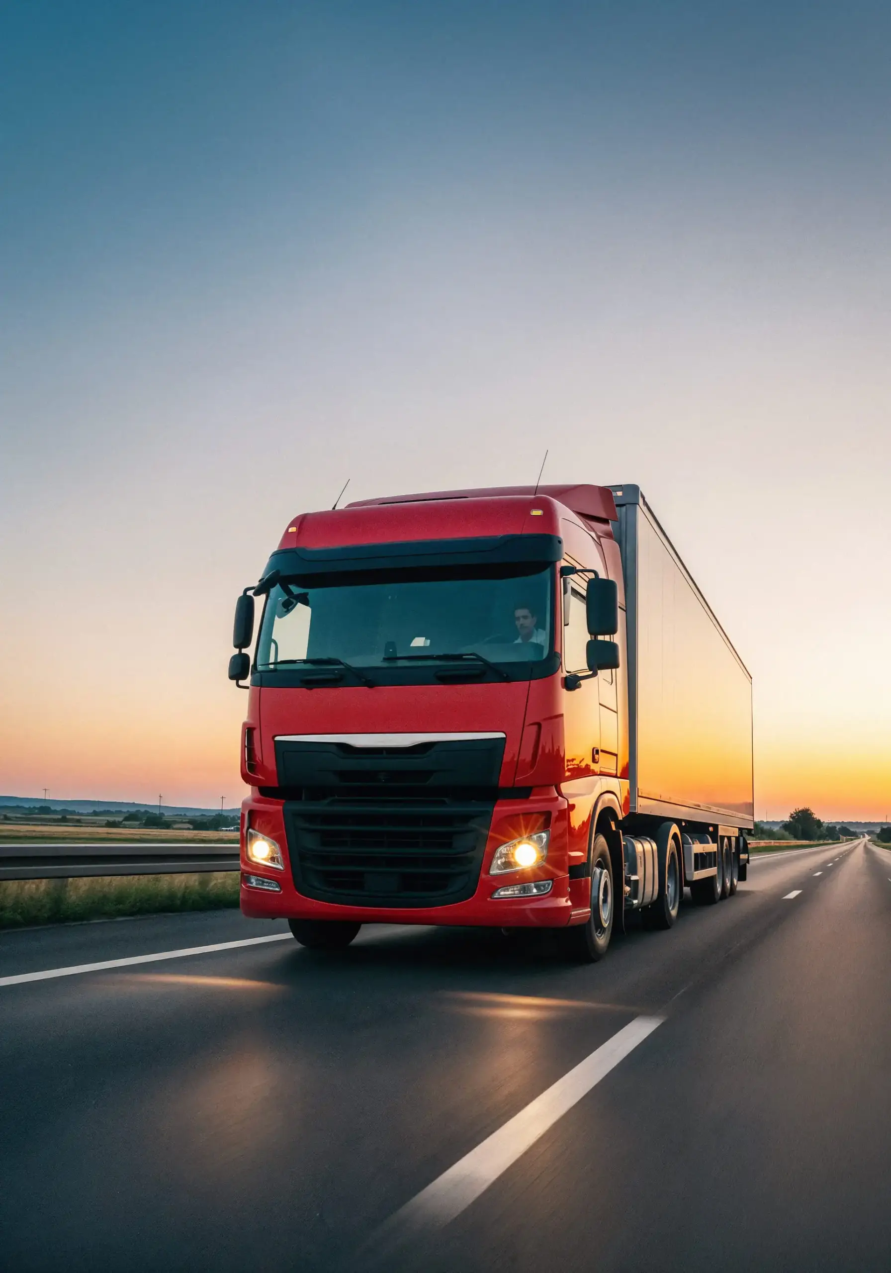 Camion rouge sur la route au couché du solei