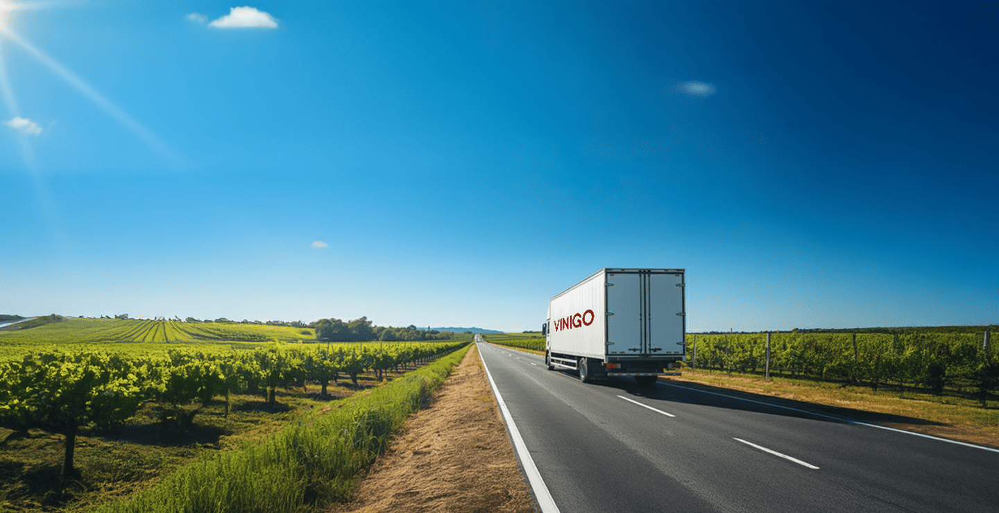 Camion Vinigo entouré de vignes sur la route