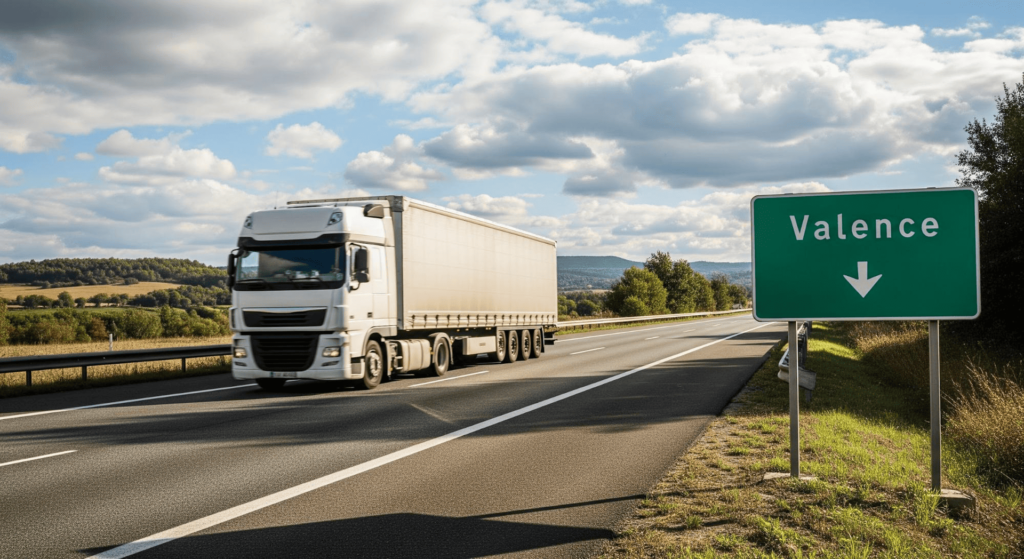 Transporteur Valence : camion blanc passant près du panneau Valence